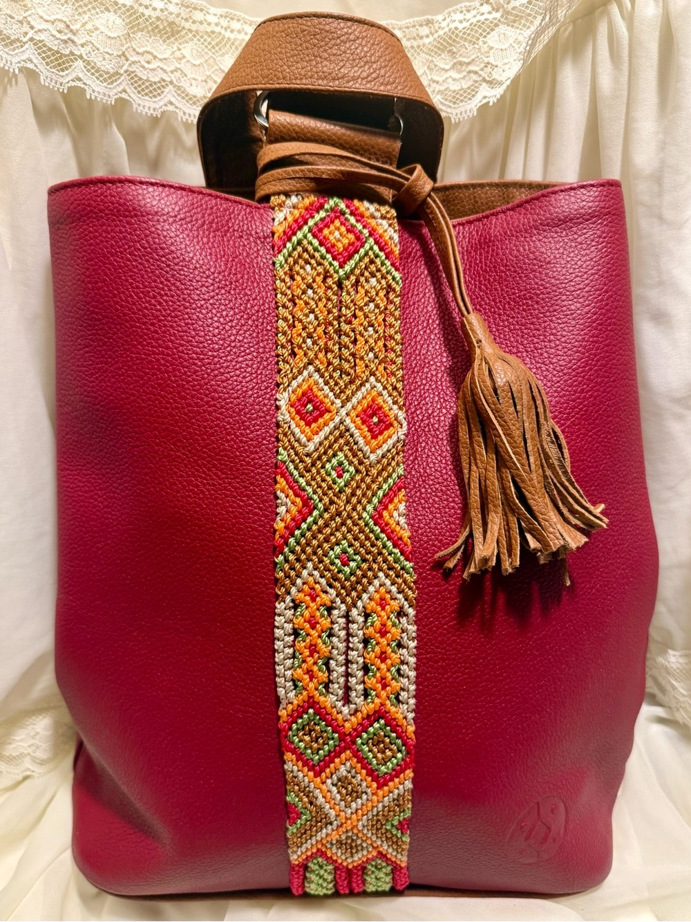 Cristina OROZCO Red Pebbled Leather Backpack Sling Festival Boho Quiet Luxury - Picture 9 of 10